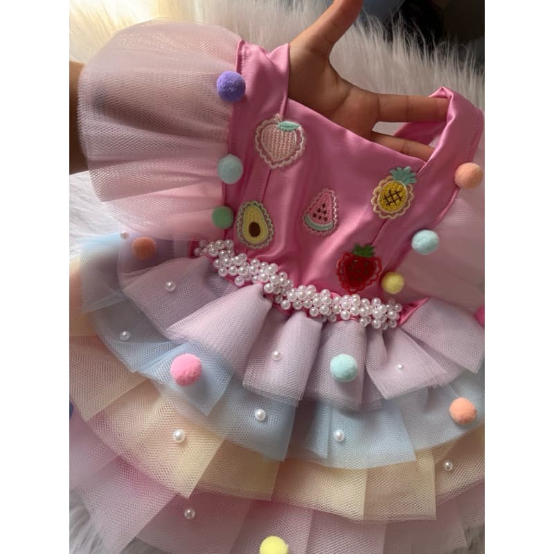 Fantasia frutinhas aniversário das frutas  Miranda Vestido de frutas salopete Mesversario aniversário infantil