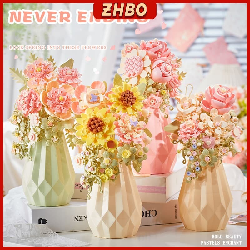 Buquê de flores blocos de montar brinquedo vaso de flores preservadas enfeite criativo presente para o Dia das Mães