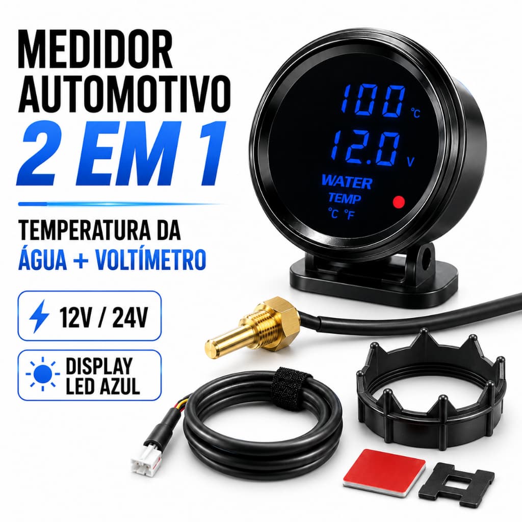 Medidor Automotivo 2 em 1 Temperatura da Água + Voltímetro Digital LED 12V/24V com Sensor de Latão