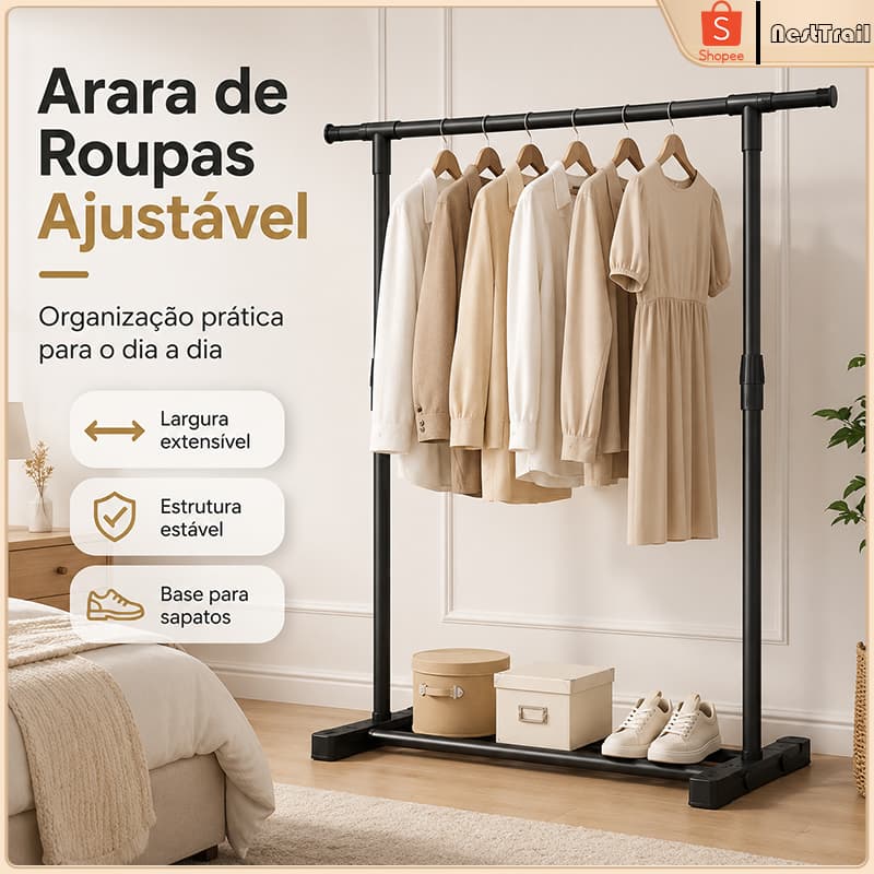 Arara de Roupas 60 cm em Ferro, Cabideiro Simples para Quarto, Closet e Lavanderia