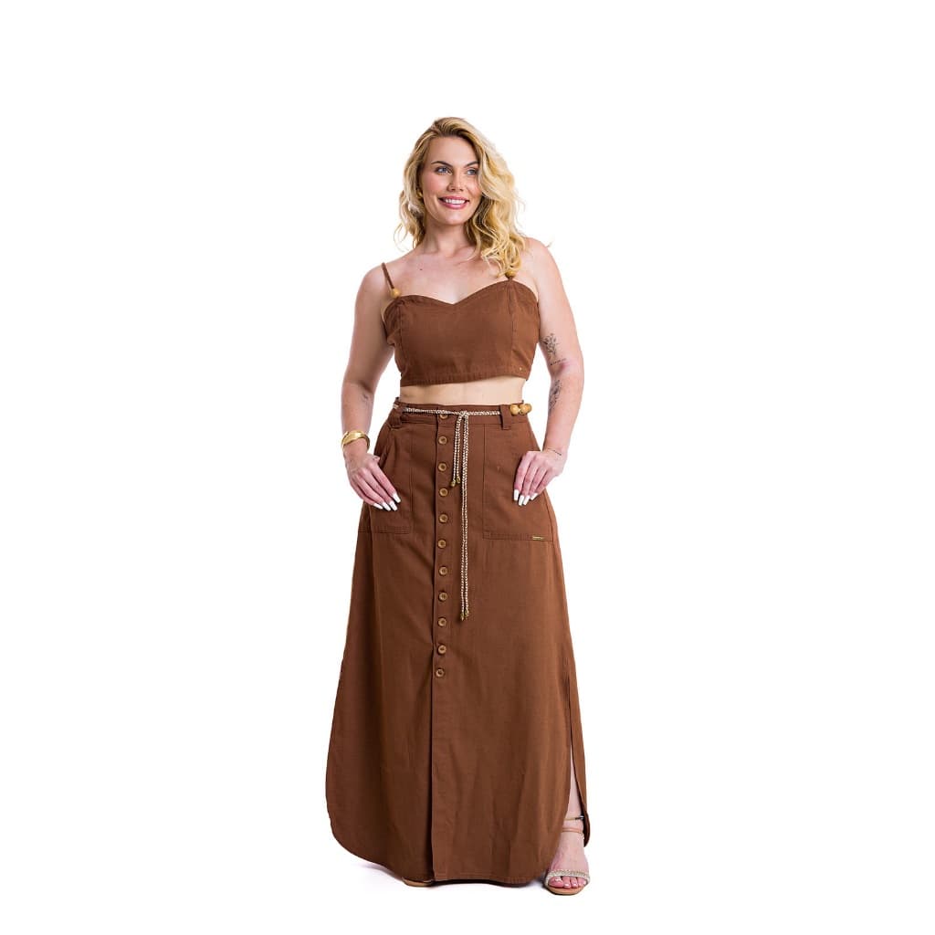 Conjunto Cropped e Saia Longa De Linho Moda Plus Size com Cintinho Social Elegante