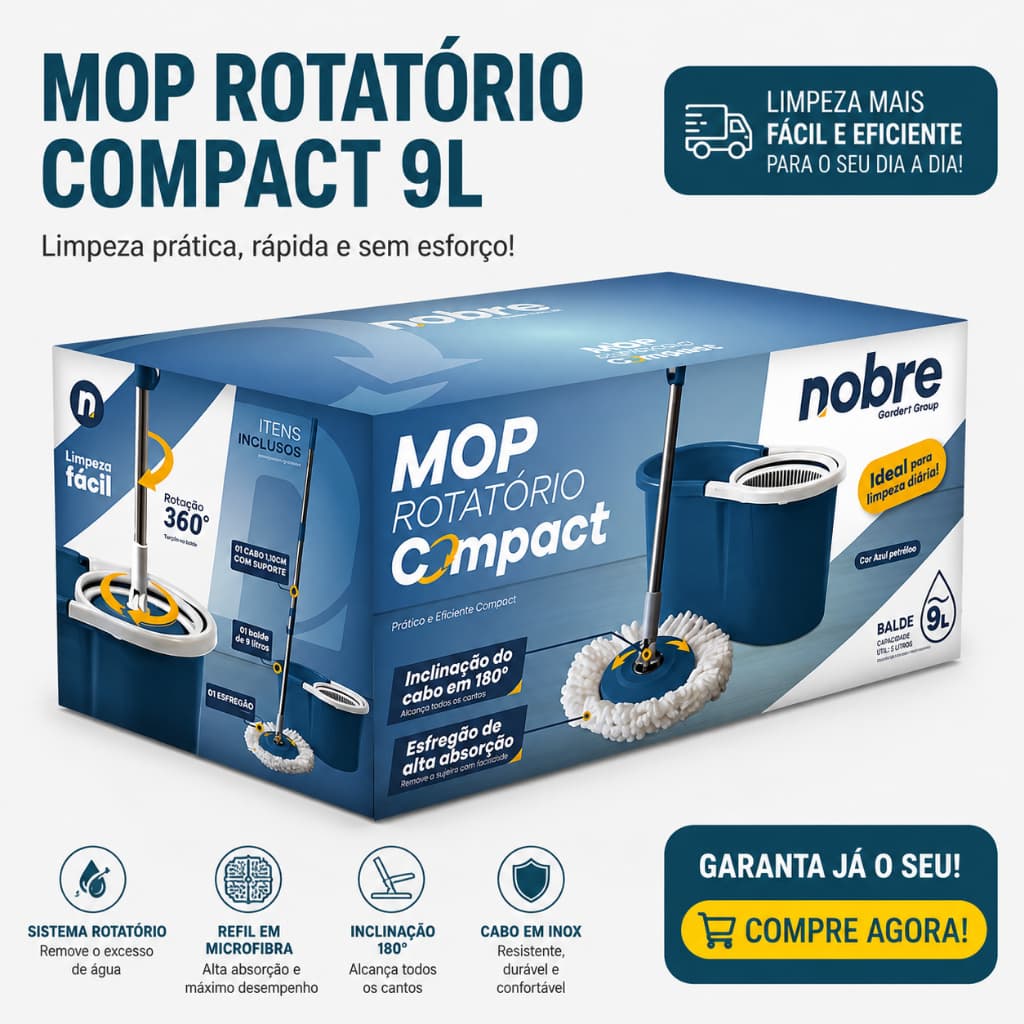 Mop Rotatório Compacto 9 Litros Nobre com Balde Cesto Plástico e 1 Refil Azul Petróleo
