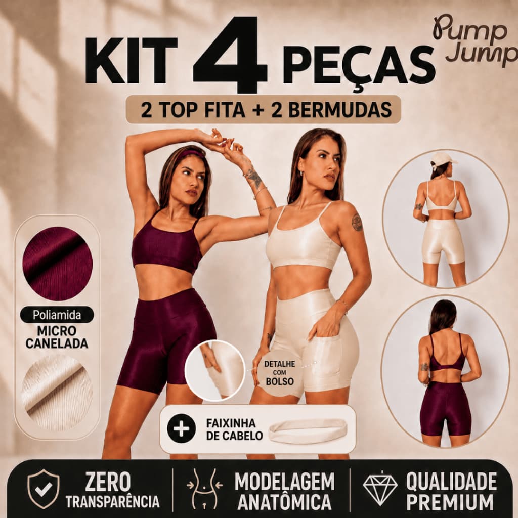 Kit 4 Peças 2 Bermudas com Bolso + 2 Top Fita Poliamida Premium Cintura Alta Fitness Feminino