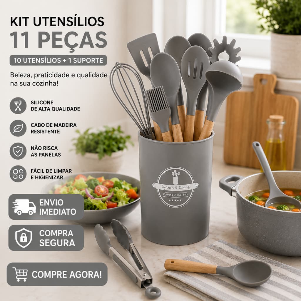 Kit utensilio, 11 peças, Sílicone e Madeira co Suporte, Lindo e prático