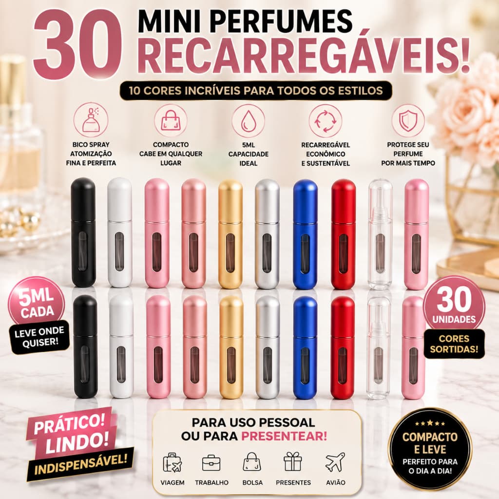 Kit 30 Porta Perfume Recarregável 5ml Portatil Mini Frasco Spray Atomizador Para Viagem Bolsa Decant