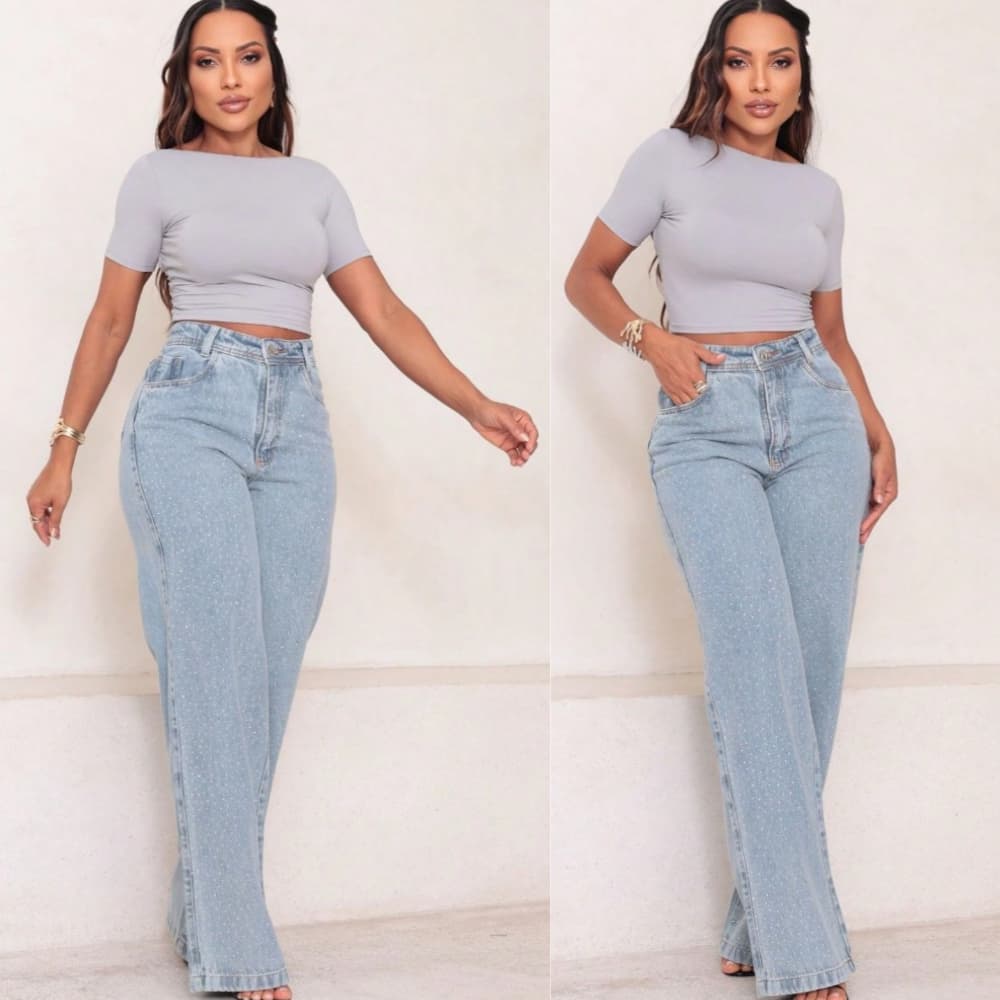 Calça Jeans Wide Leg Com Strass na Frente, Cintura Alta - Modelo Brilho de Luz