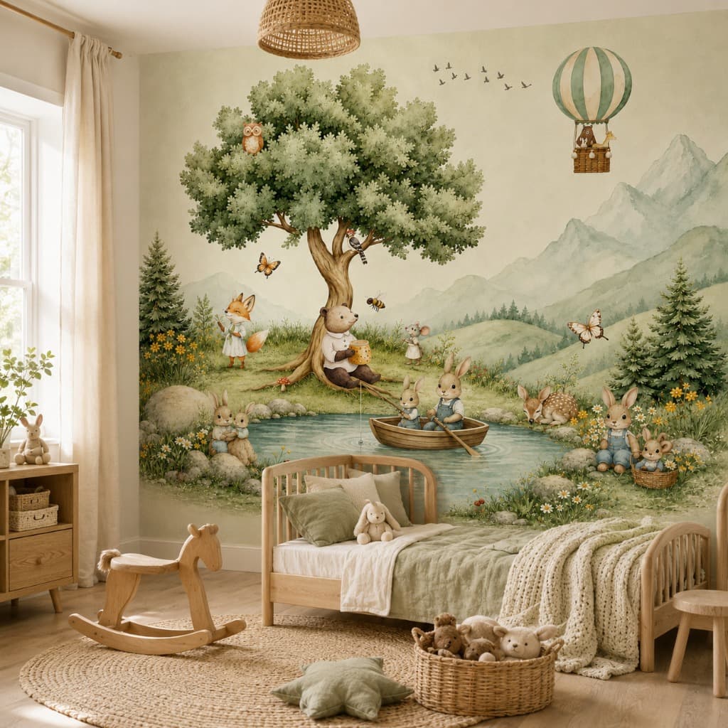 Papel De Parede Adesivo Infantil Animais Bosque Floresta