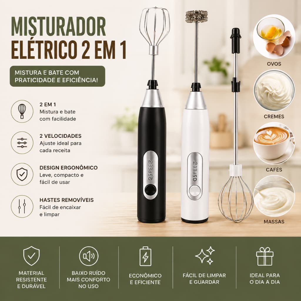 Batedor/Misturador Mixer Elétrico para Bebidas Leite Café Clara de Ovos 2 EM 1 Facilida Vida