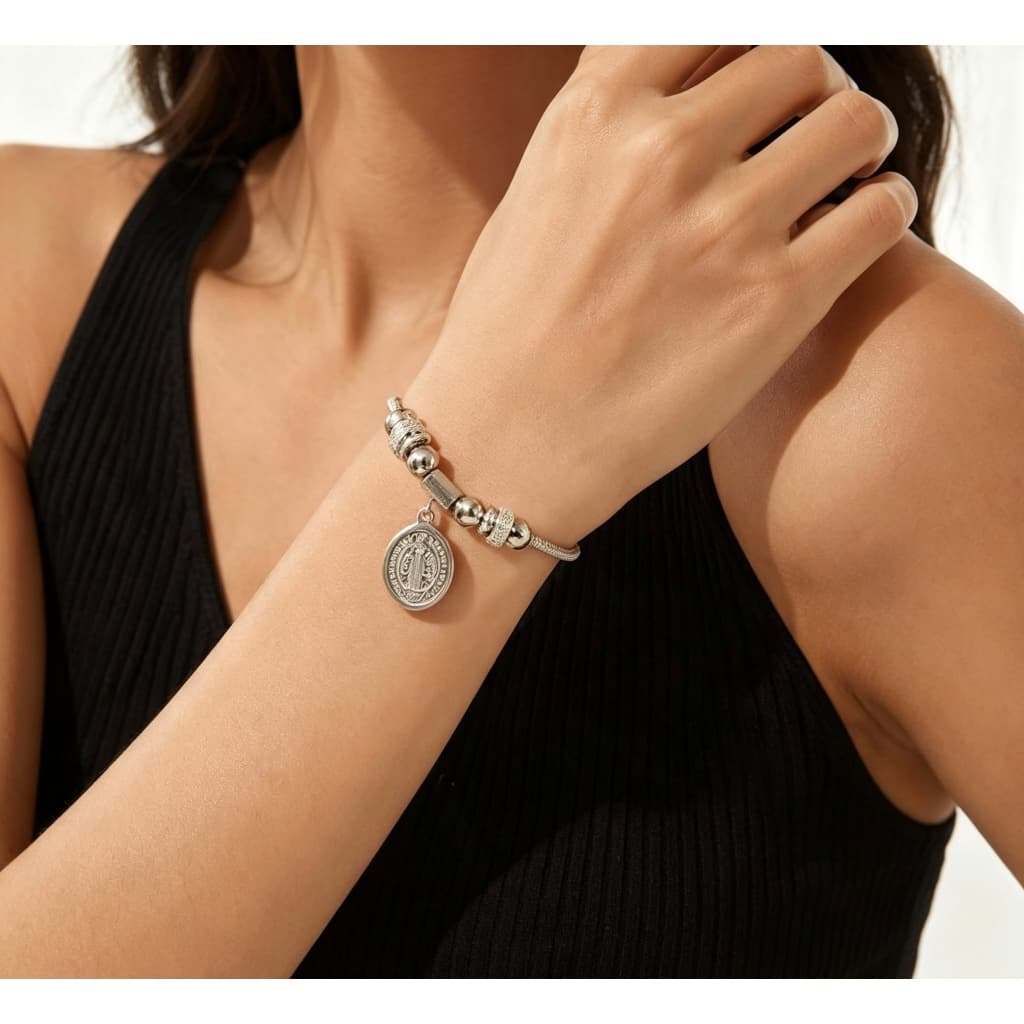 Pulseira Medalha de São Bento em Aço Inoxidável 316L Prateado