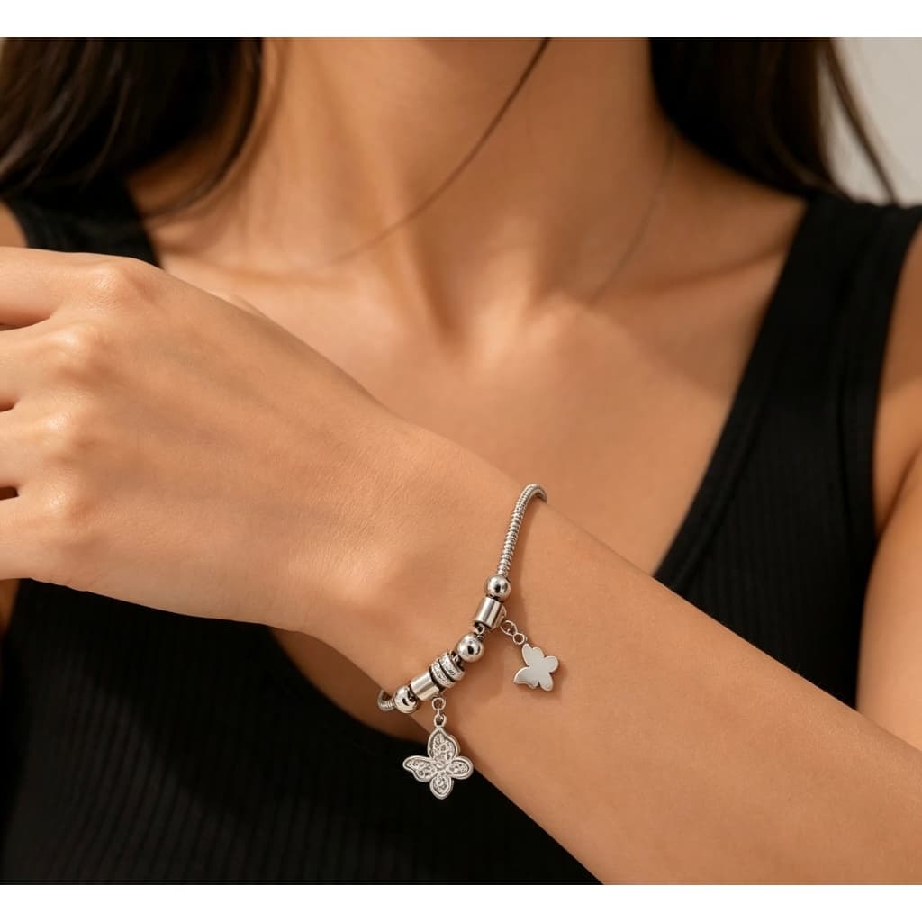 Pulseira Feminina Aço 316L Pingente Borboleta, Não Escurece, Presente Especial