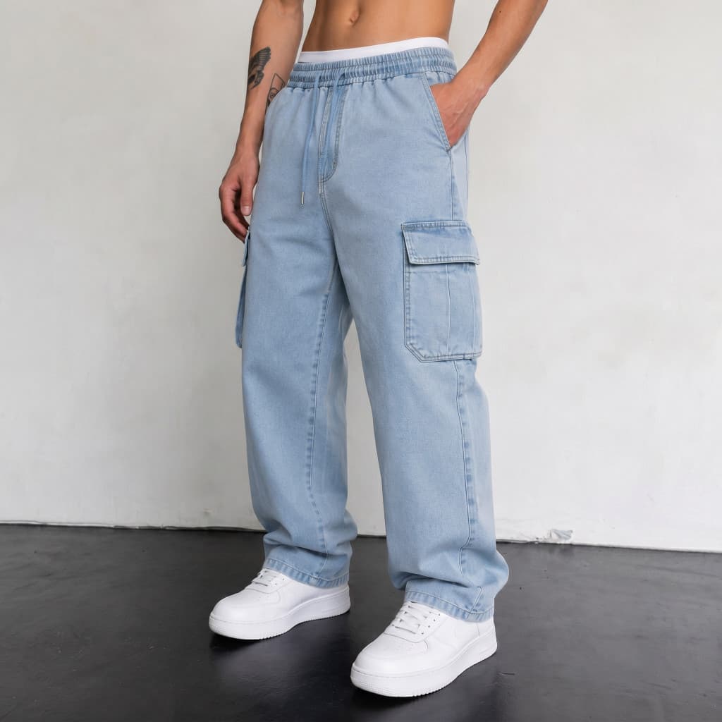 Calça Cargo Jeans Masculina Streetwear Com Cintura Elástica E 6 Bolsos