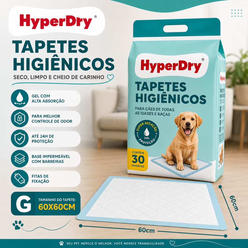 Pacote de 30 unidades Tapete Higiênico para Cães 60x60 Rápida Absorção
