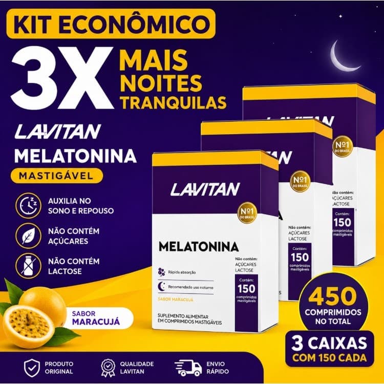 Kit 3 Melatonina Lavitan 150 Comprimidos Mastigáveis Sabor Maracujá Original