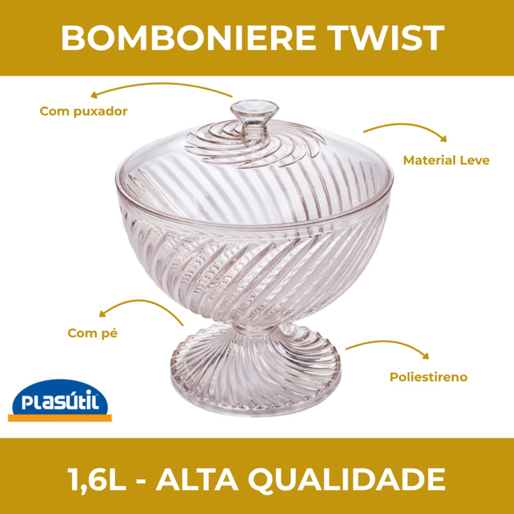 Bomboniere Twist 1,6L Cristal Baleiro Plasútil BPA Free Pote para Doces