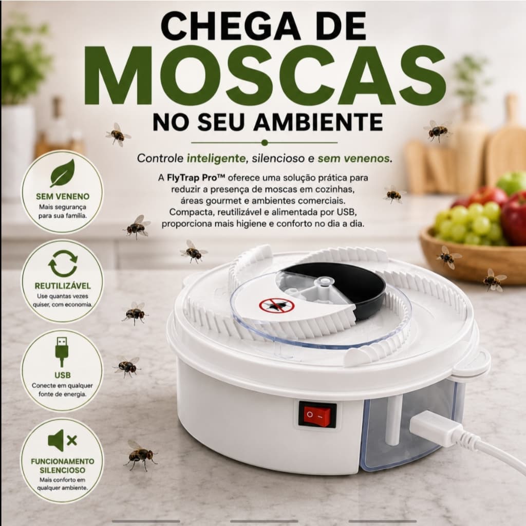 FlyTrap Pro™ Armadilha Elétrica Pega Moscas USB 20cm Reutilizável Silenciosa Sem Veneno Controle de Pragas