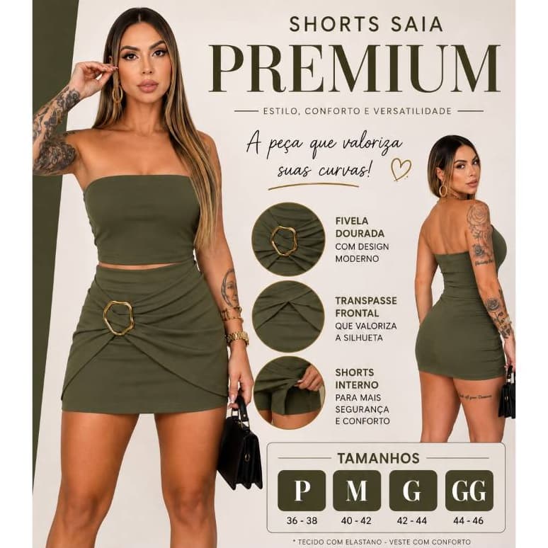 Short Saia Feminino Com Fivela Dourada Tendência Blogueira Cintura Alta Não Marca