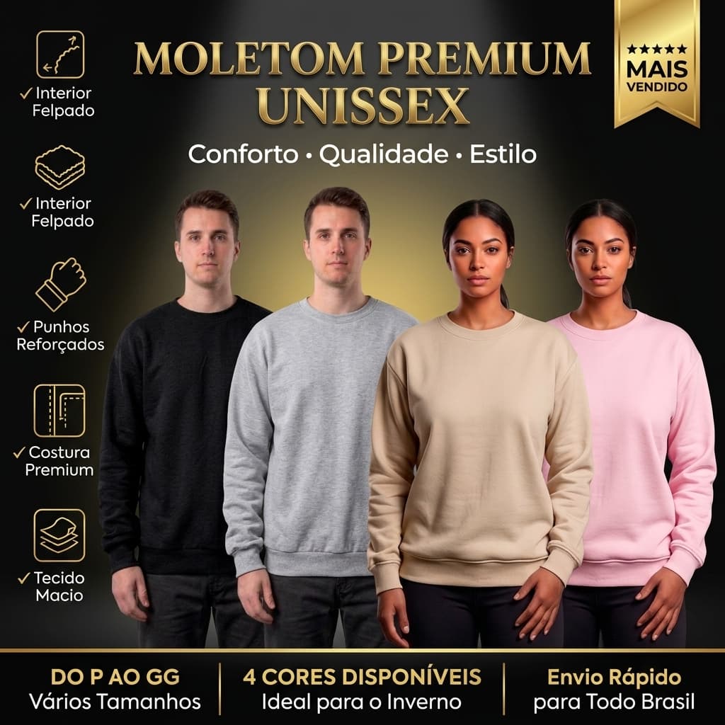 Moletom Gola Careca Unissex Adulto Liso Felpado Blusa Frio Inverno Premium P ao GG