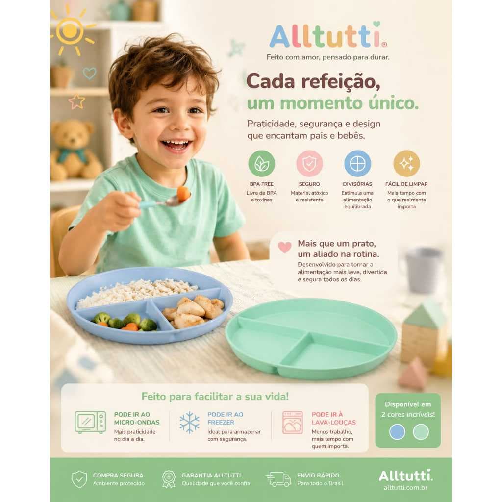 Prato Com Divisória Ecológico 22cm Infantil Introdução Alimentar Refeição Menino Azul Bebê Criança