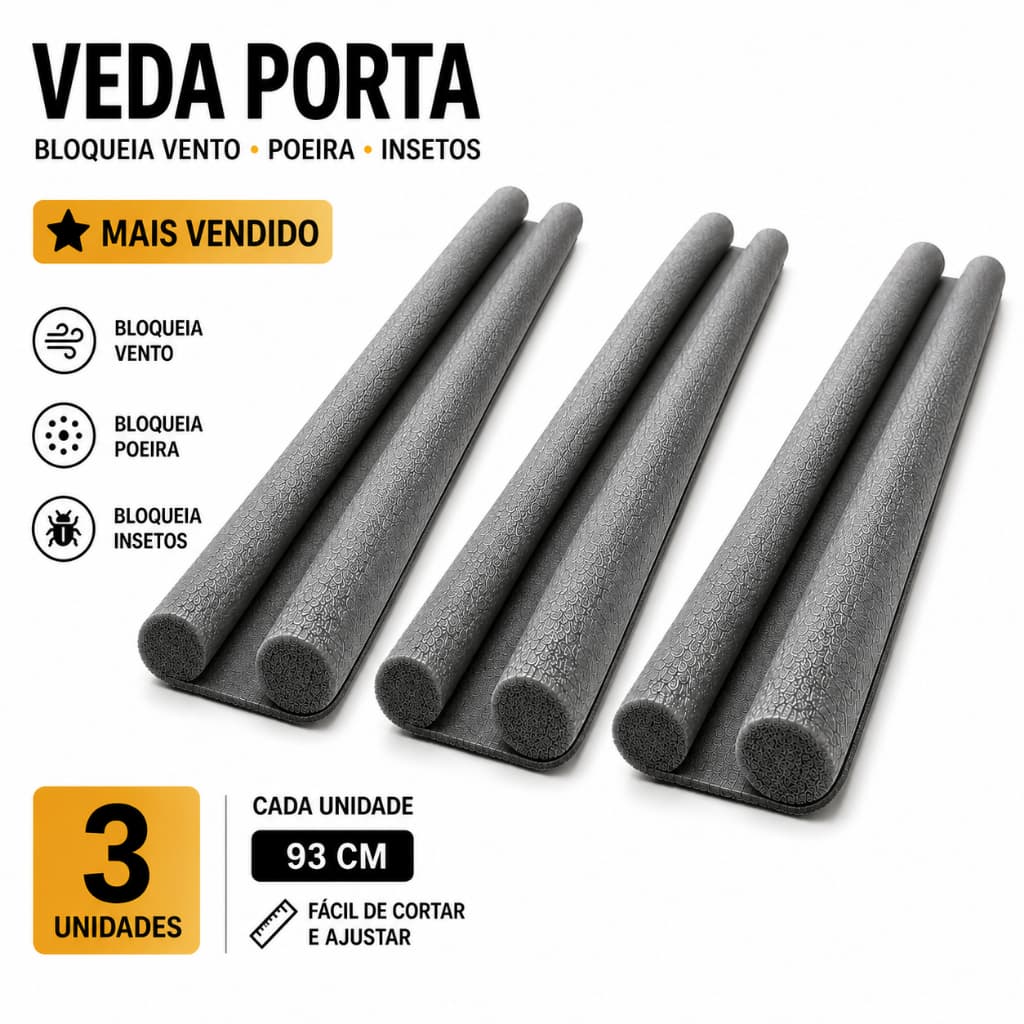 Kit 3 Veda Portas Espuma 93cm Vedação Inferior Porta Bloqueia Corrente Ar Poeira Insetos Anti Ruído