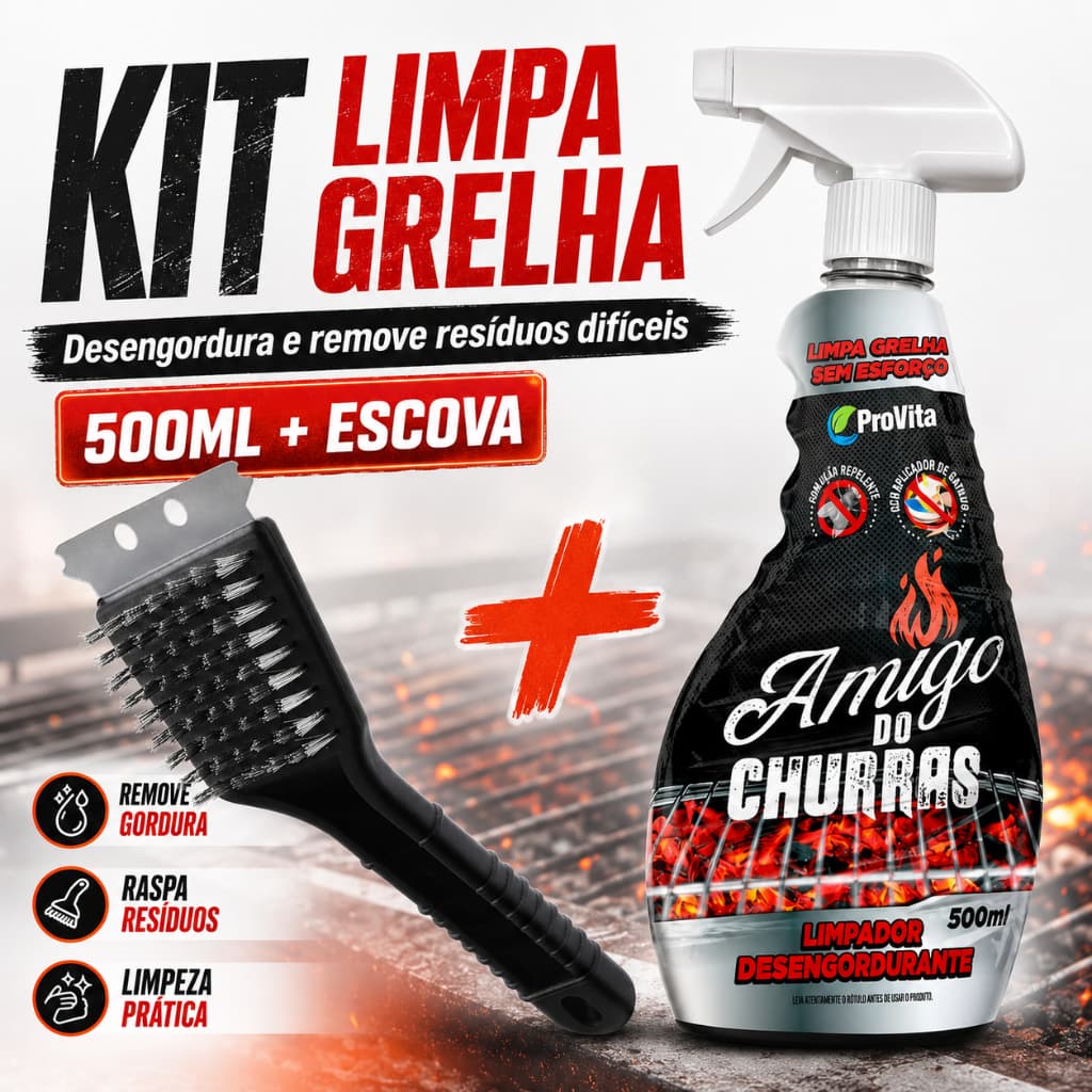 Kit Limpa Grelha e Churrasqueira Remove Gordura Incrustada Escova de Aço Inox Spray Desengordurante 500ml