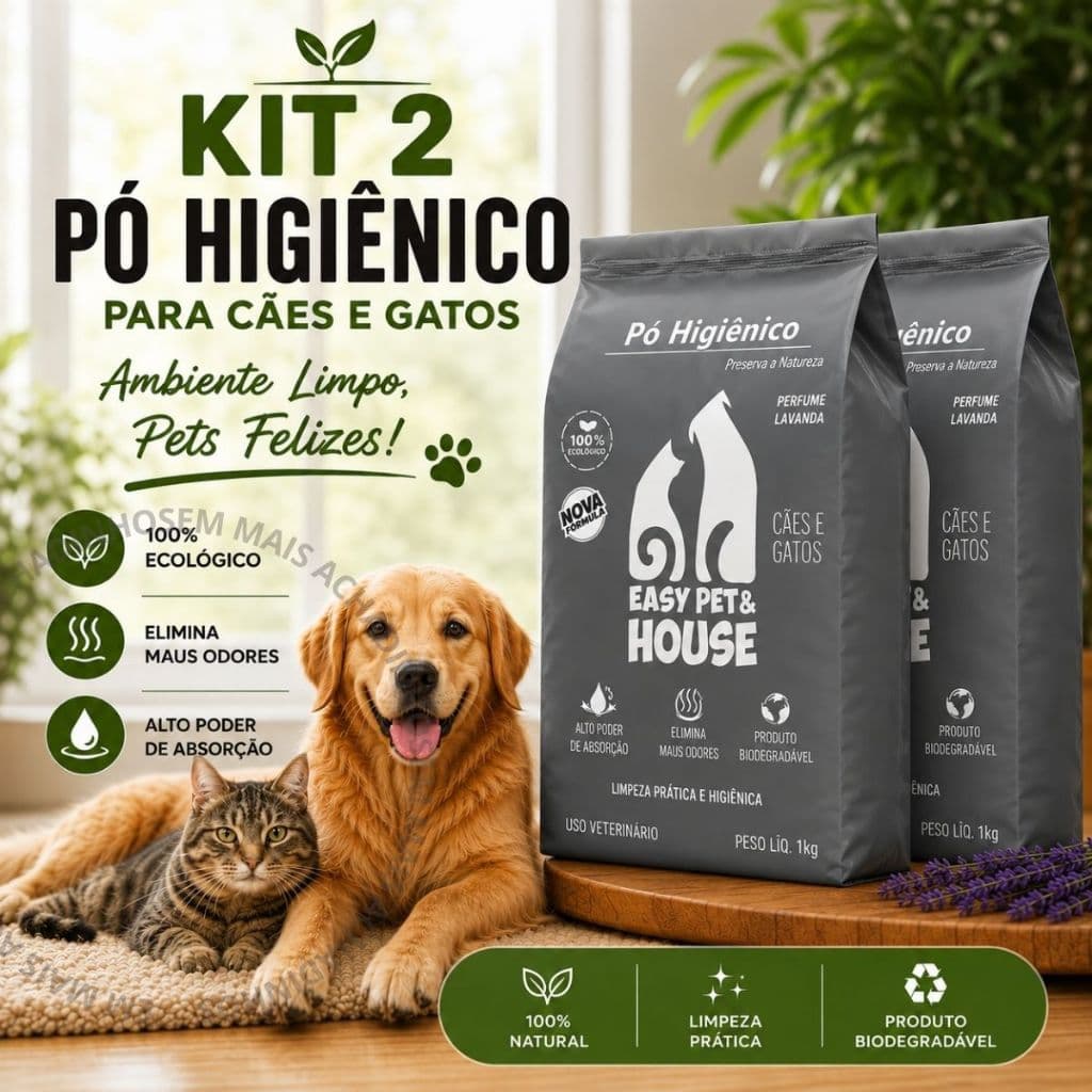 Kit 2 Pó Higiênico Eliminador Odores Cães e Gatos Aromas 1Kg Limpeza Seco Ação Bactericida Easy Pet House