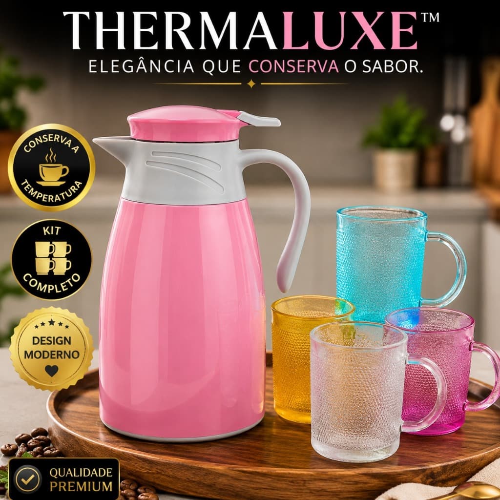 Kit Garrafa Térmica  1L com 4 Canecas de Vidro de 190ml Conserva Temperatura Design Moderno ThermaLuxe