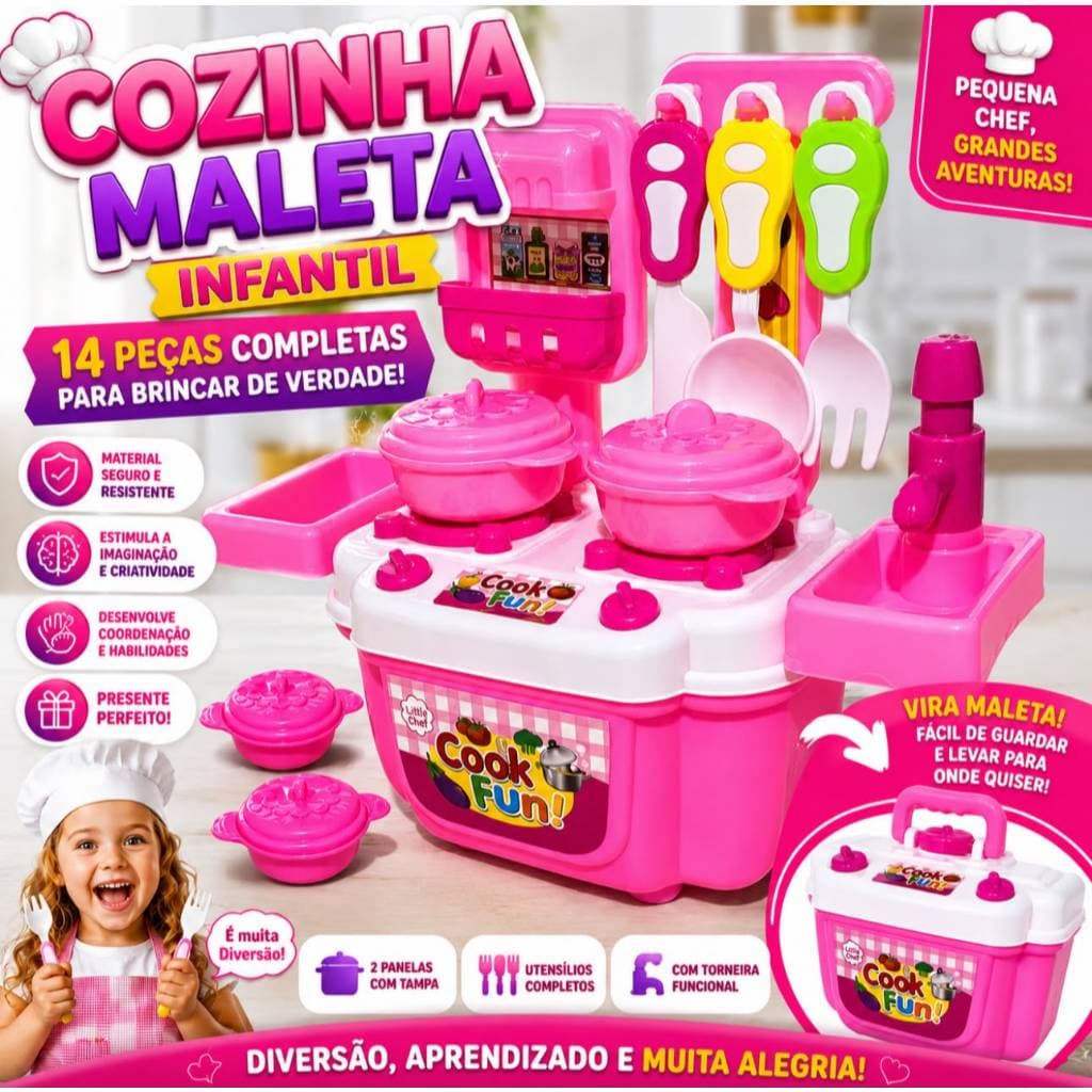 Cozinha Infantil Na Maleta Portatil Com 14 Peças Brinquedo Menina Completo Mini Chef Educativo
