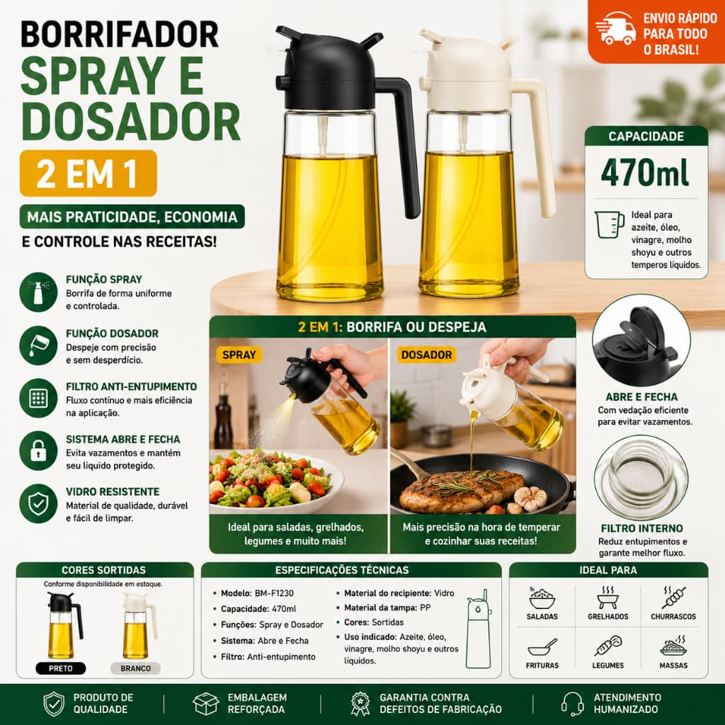 Borrifador Spray Azeite 2 em 1 Dosador Óleo Vinagre 470ml