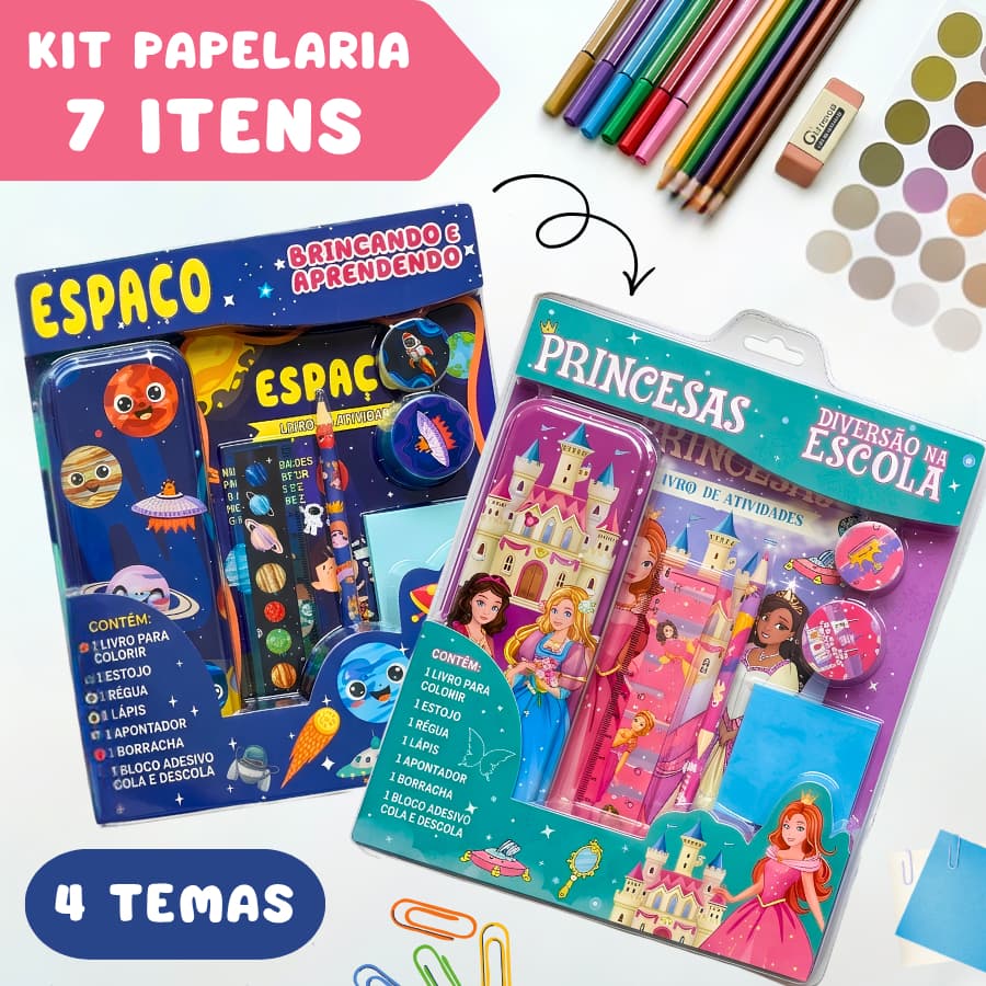Kit Papelaria Fofa Criativa Livro De Colorir Infantil Educativo com 7 itens Temas Menina Menino