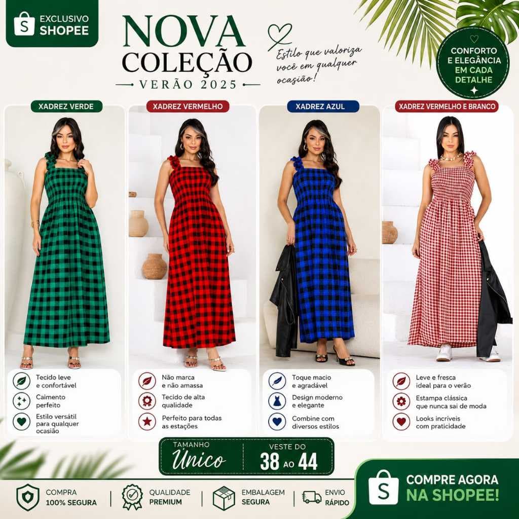 Vestido Longo Xadrez Verde Feminino com Lastex  Alças com Babado  Tamanho Único 38 ao 44 Moda Feminina Verão 2026