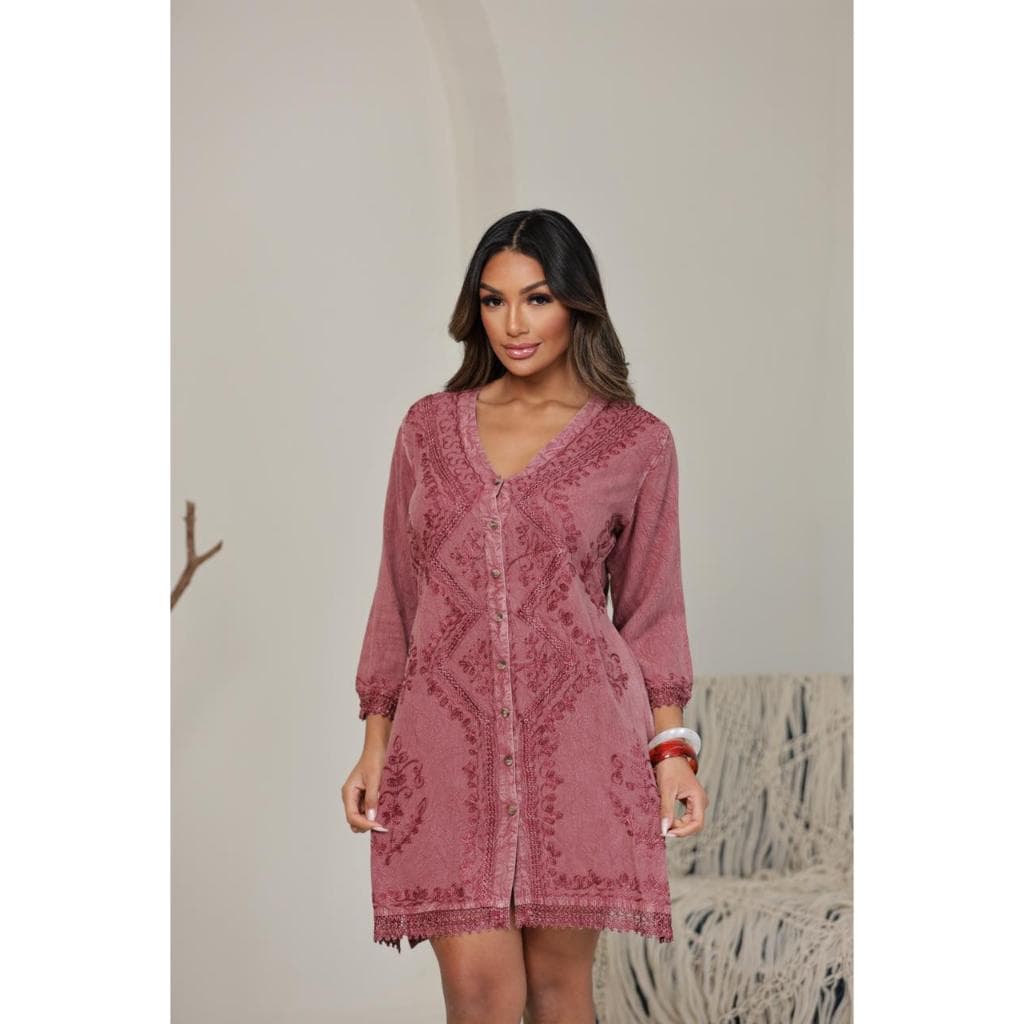 Chemise Indiana Feminina Bordada Manga Longa Boho Premium Com com Botões Premium Exclusiva