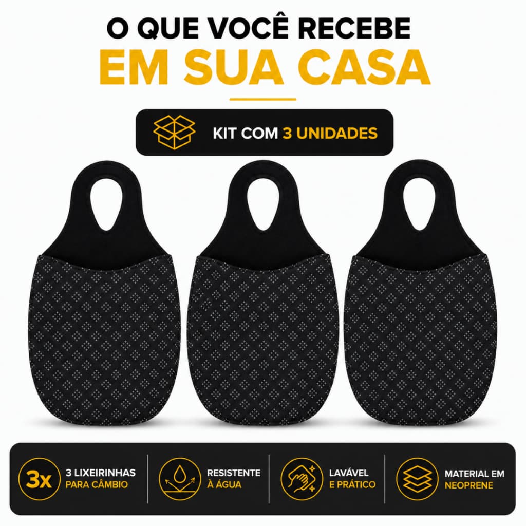 3 Lixeiras Sacolinha Para Carro Em Neoprene Lavável e Resistente Modelo Universal