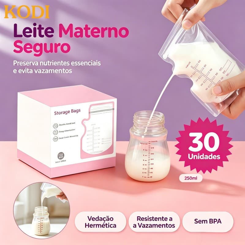 Sacos de Armazenamento de Leite Materno 250ml Descartáveis com Escala Kit 30 Unidades para Congelamento-P1
