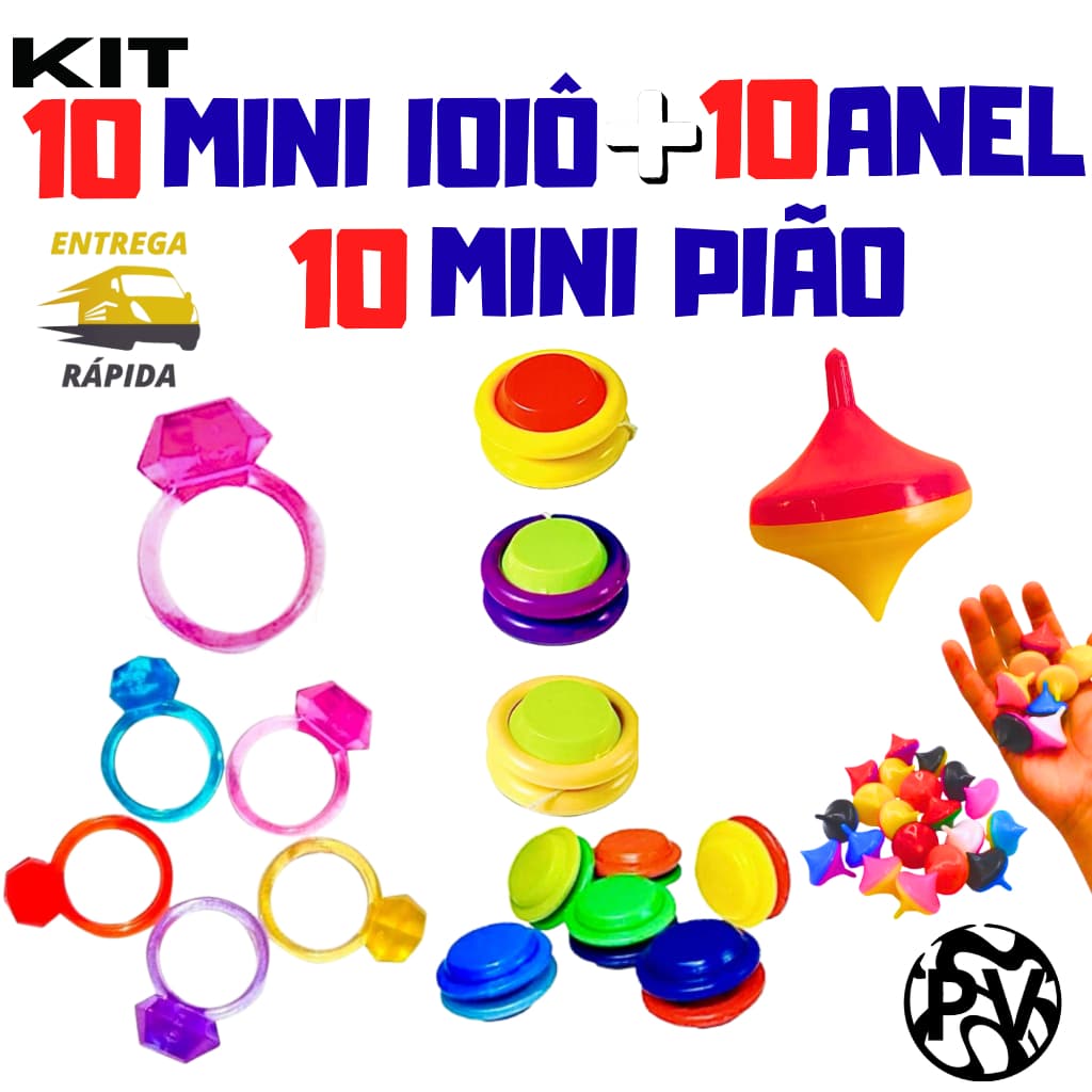 Kit 10 mini ioiô/ioio + 10 anéis/anel + 10 mini pião/piao/peao lembrancinha/ sacola surpresa/ prenda