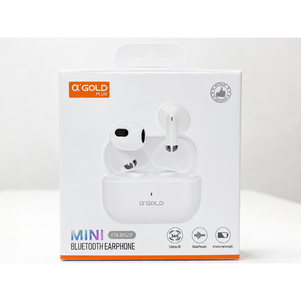Fone de Ouvido Bluetooth Sem Fio Alpha Gold Plus FN-BT28 TWS Bluetooth 5.4 Com Estojo Carregador BRANCO FN-BA28