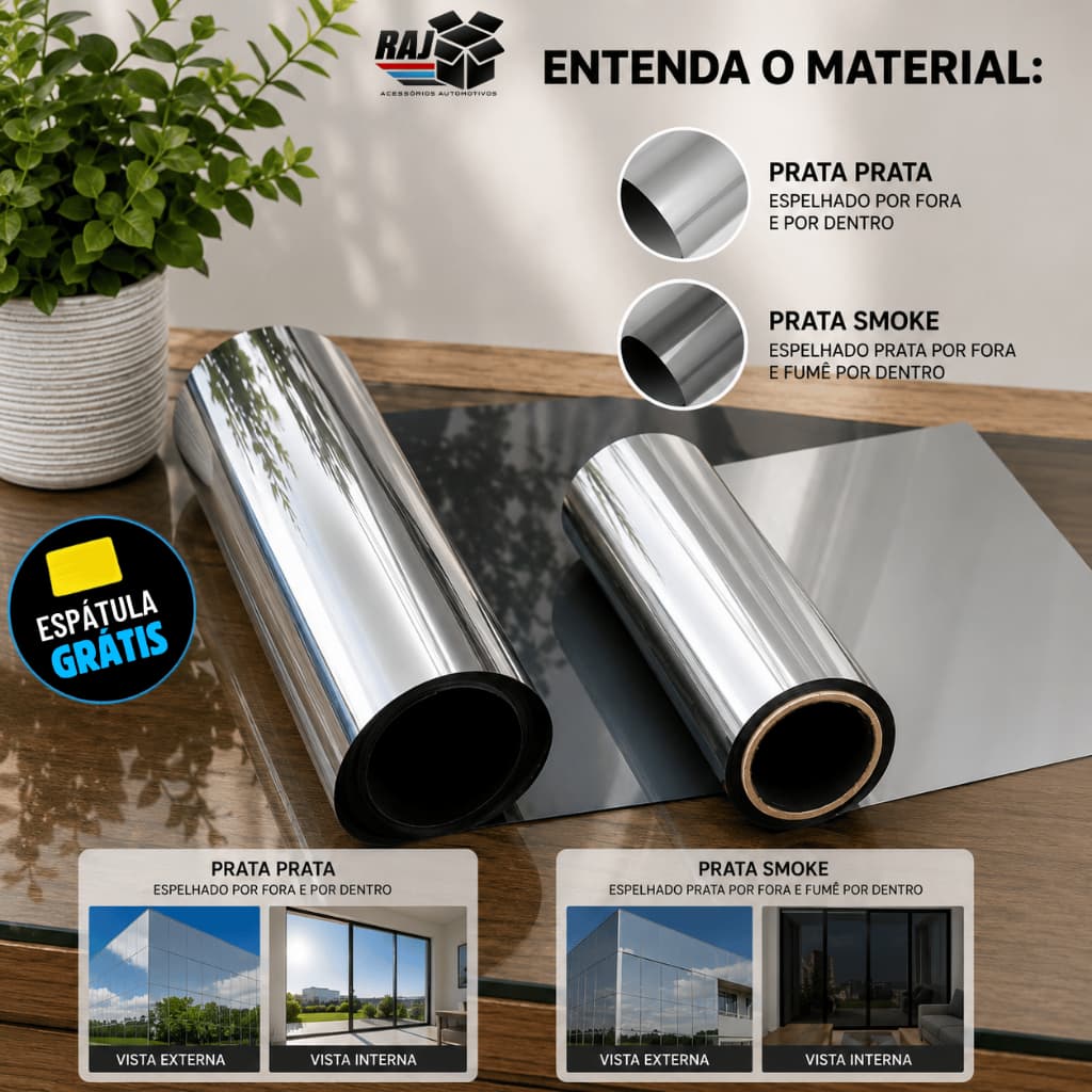 Película Tipo Insulfilm Prata Espelhada Refletiva G5 – Poliéster Profissional, 2m x 50cm de Largura