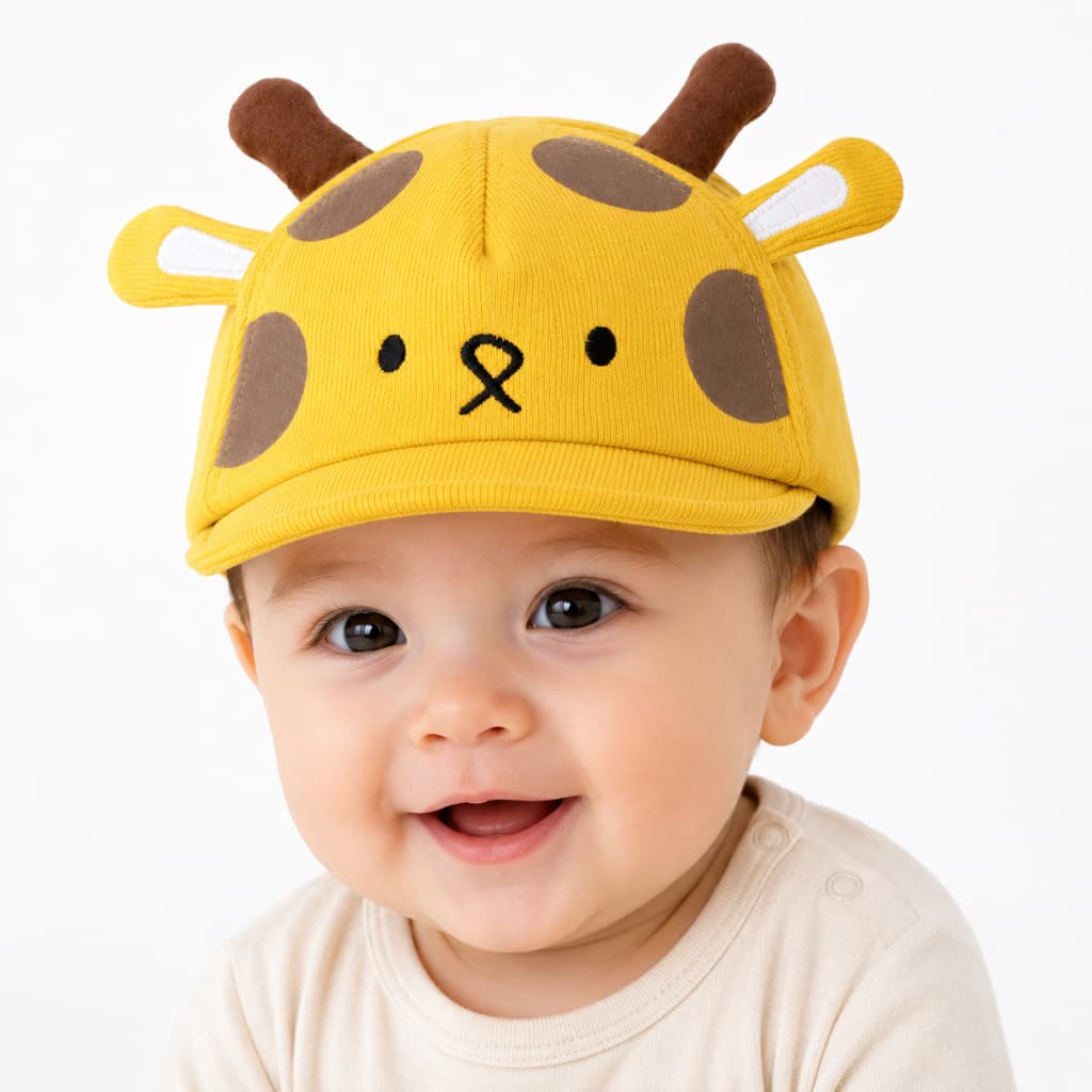Boné Infantil Bebê Girafa Bordado Amarelo Ajustável com Velcro com Orelhas 3D