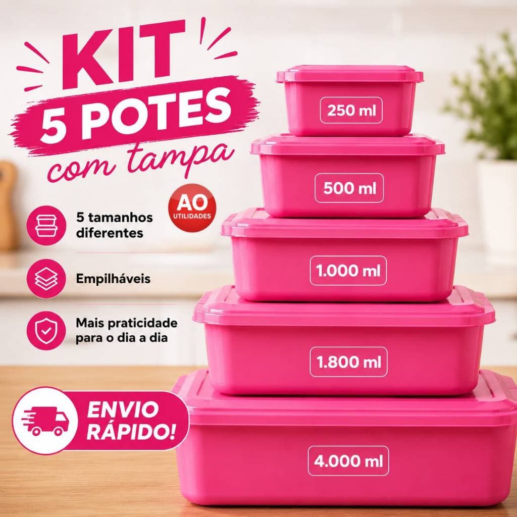 Kit 5 Potes Retangular de Plástico Reforçado Empilhável Hermético Tapoer Freezer Micro ondas