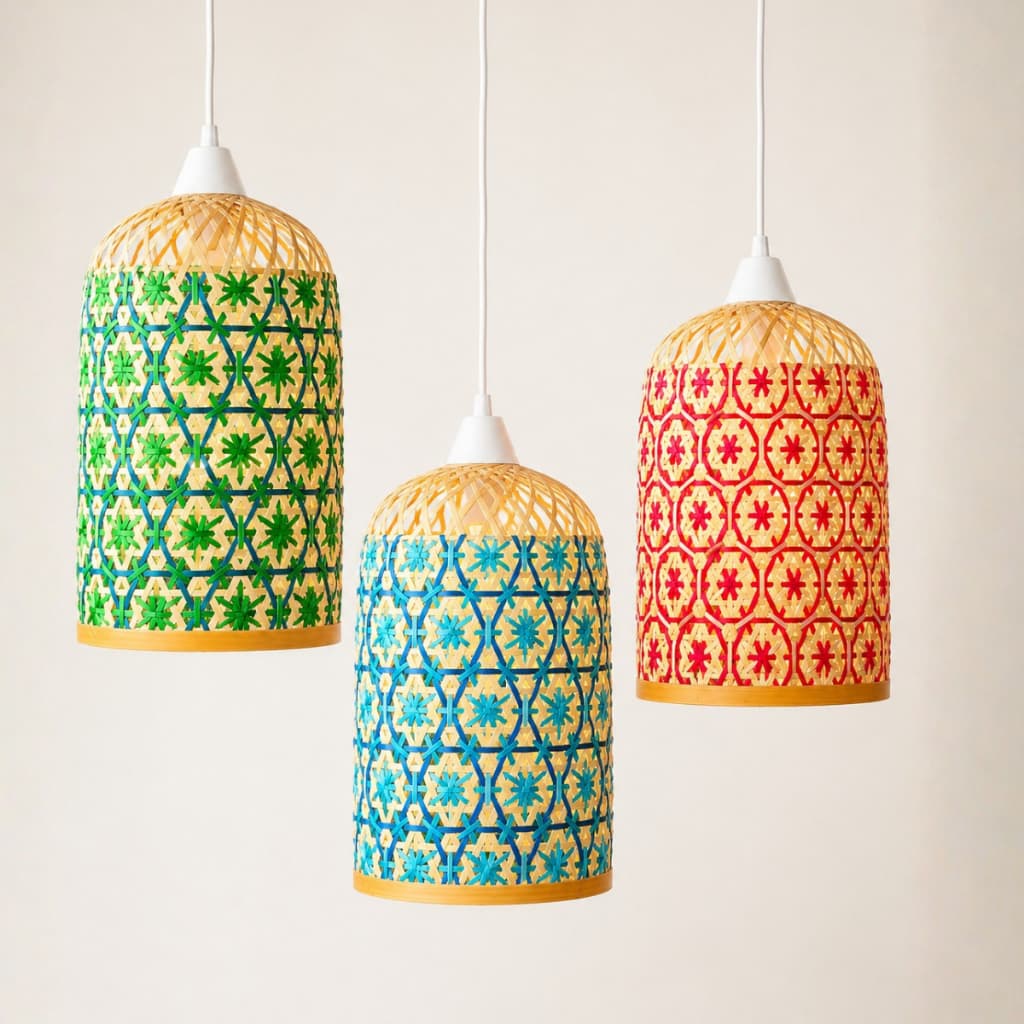 Kit 3 Luminarias Lustre Fibra Natural Bambu Palha Colorido  127/220v Multicolorido