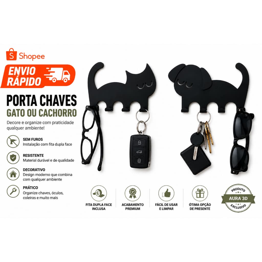 Porta Chaves Gato Cachorro de Parede Autoadesivo com Fita Dupla Face Organizador Decorativo