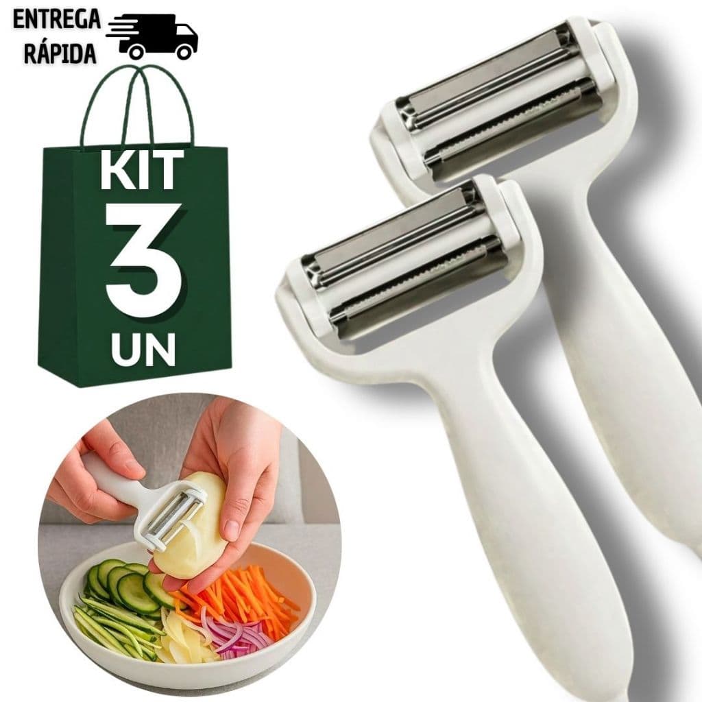 Combo 3 Descascador Fatiador De Frutas Legumes Multifuncional 3 em 1 com Lâminas Inox Cozinha Buffet Rápido e Atacado
