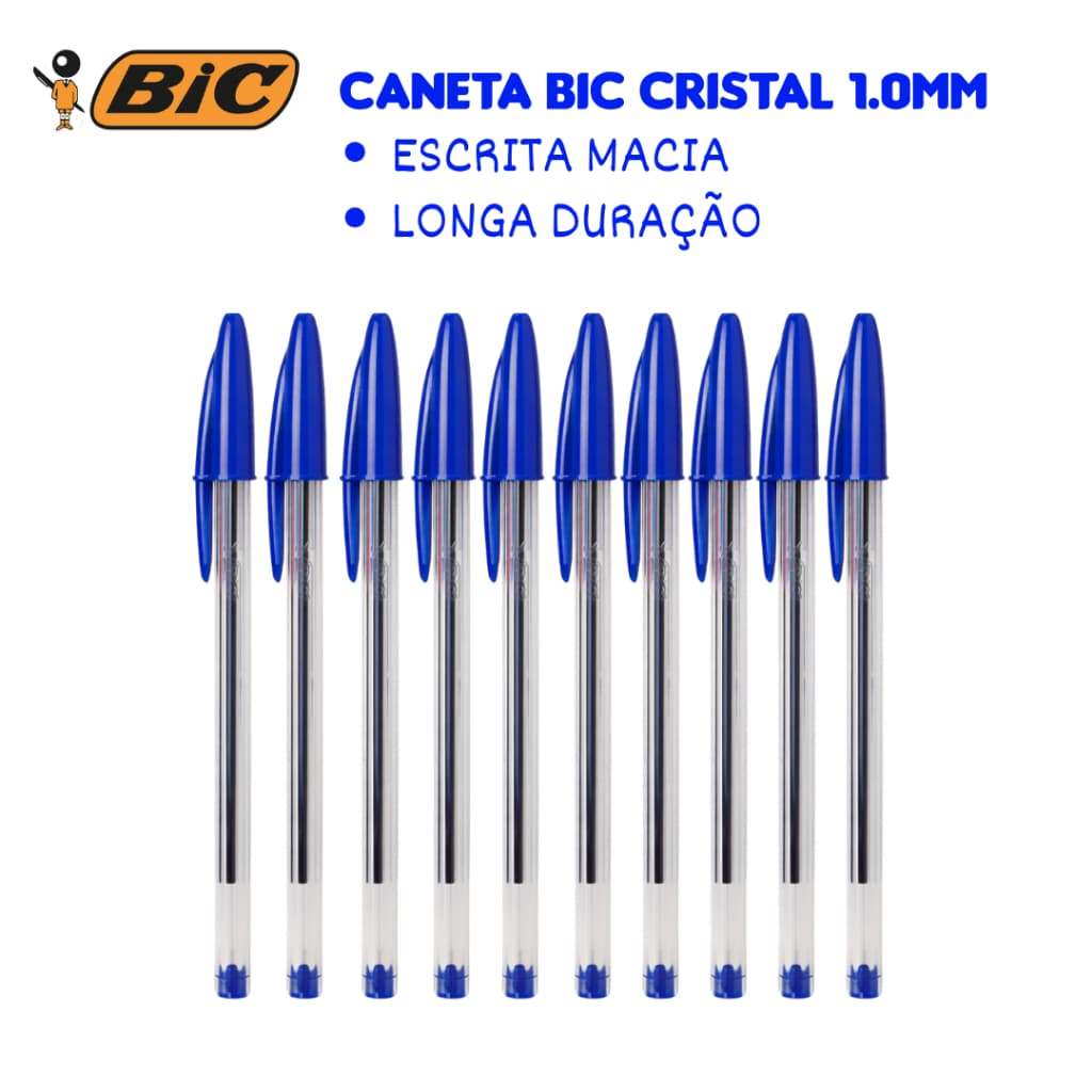 Caneta BIC Cristal Original Azul 1.0mm Kit 10 Unidades Escrita Suave Escola Escritório