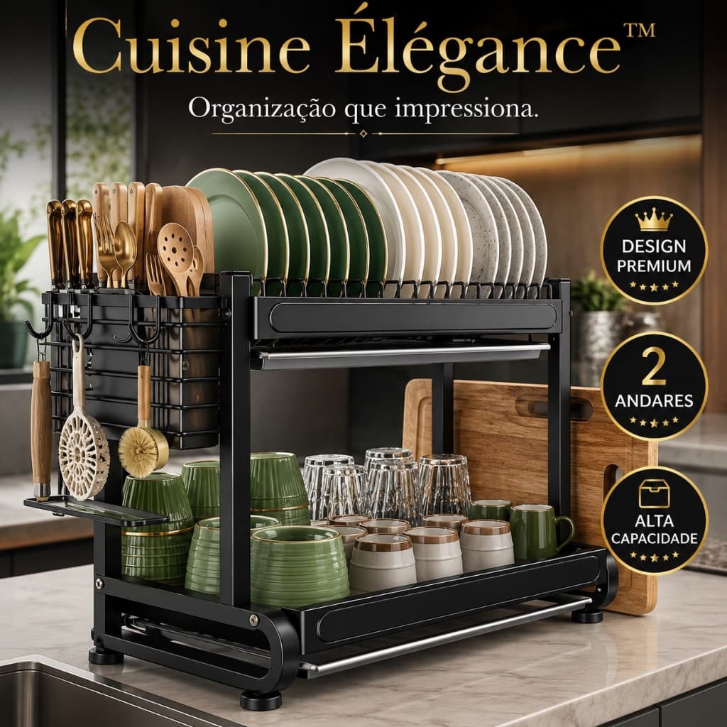 Organizador de Louças Cuisine Élégance™ Escorredor 2 Andares Grande Capacidade para Bancada de Cozinha