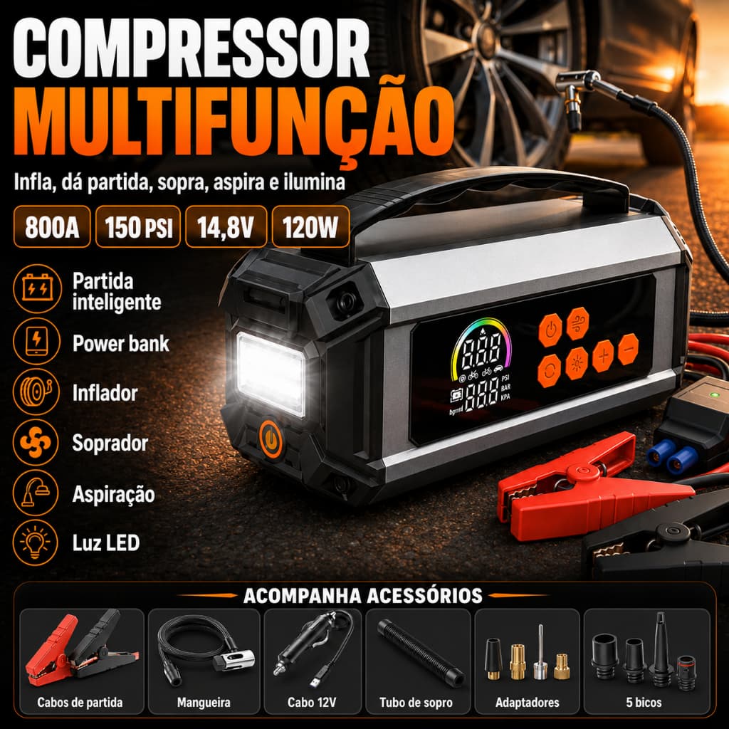 Auxiliar de Partida 6 em 1 14.8V Compressor de Ar Portátil 150 PSI Inflador e Soprador Power Bank 10000mAh Lanterna LED