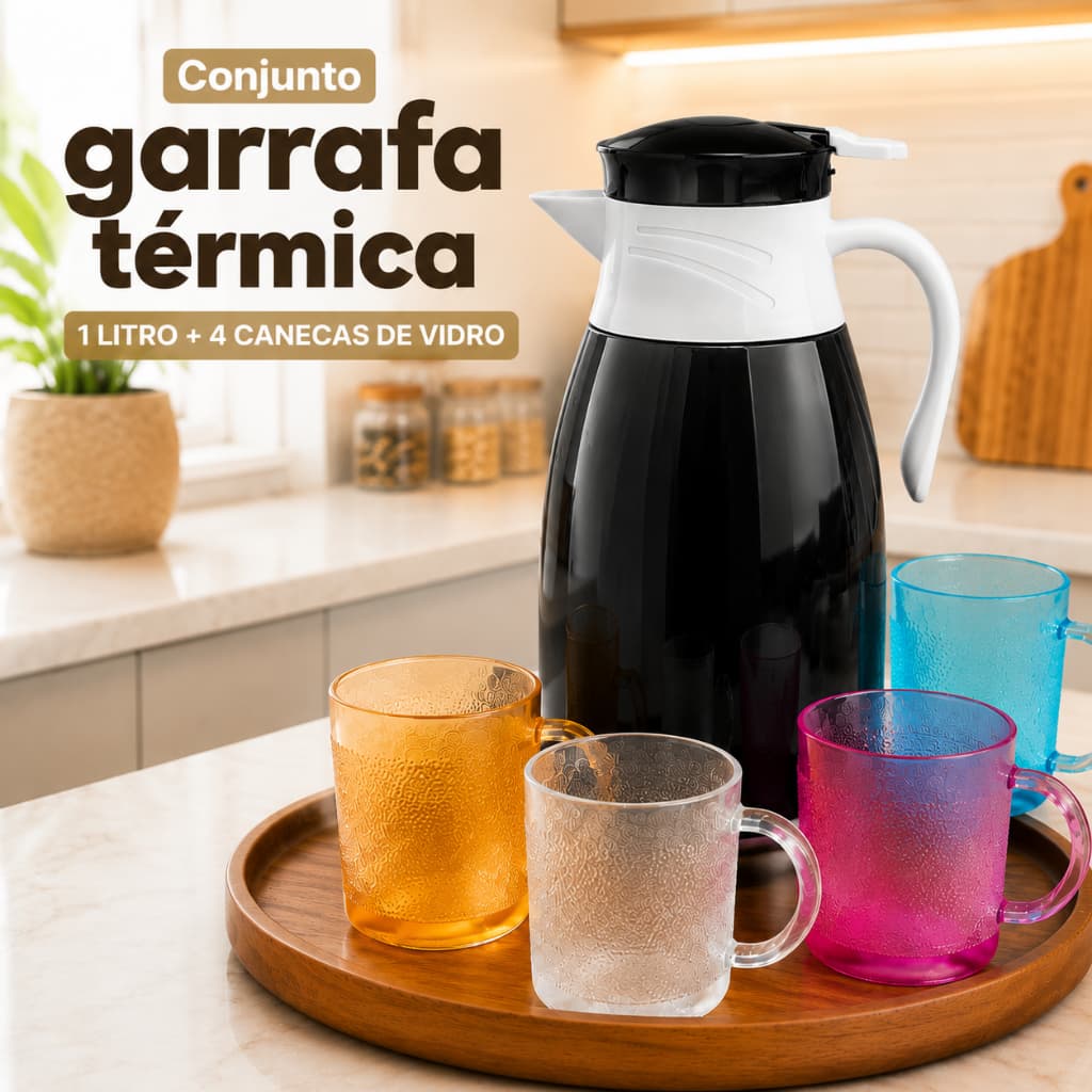 Conjunto Garrafa Térmica 1L + 4 Canecas de  Vidro 190ml Sortidas Café Chá cozinha