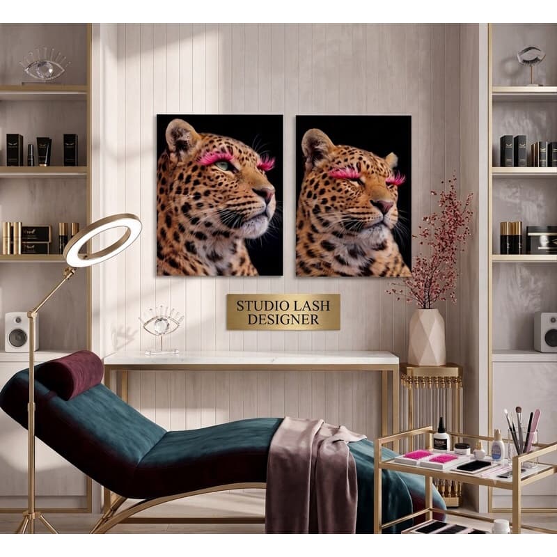 Kit 2 Quadros Decorativo Onça Fundo Preto Cílios Rosa Quadro Decorativo Animal Cílios Postiços Decoração Salão Estética