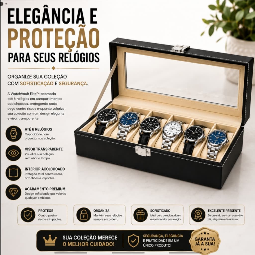 Caixa Porta Relógios 6 Compartimentos com Visor Transparente Organizador Expositor em MDF Revestido com Trava Metálica W