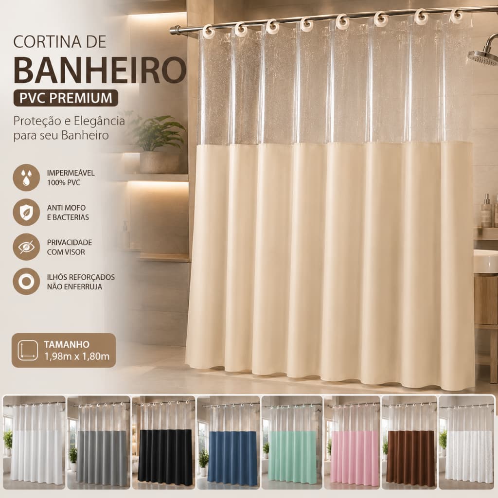 Cortina Banheiro Box Antimofo PVC com Visor Transparente – Kit com Ganchos e Envio Rápido