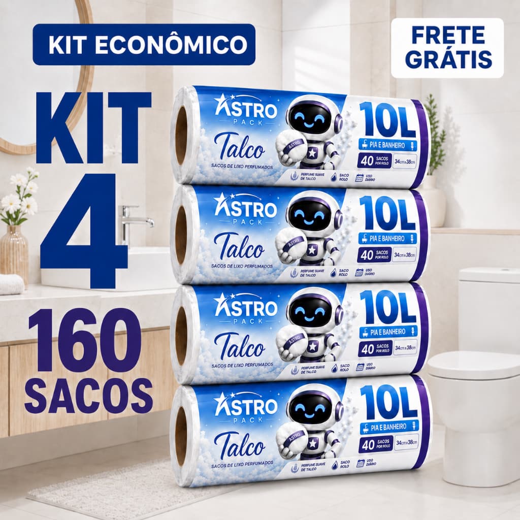KIT 4 Saco de Lixo Perfumado Talco 10L 160 Unidades Kit Econômico Cheiro Anti Odor Banheiro Pia Cozinha