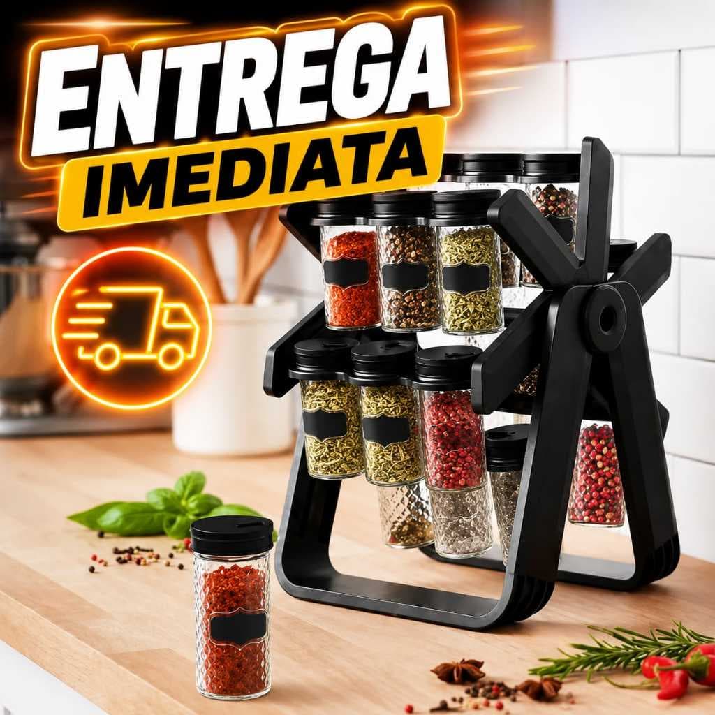 Porta Temperos Suporte Giratório 18 Potes Vidro Tampa Dosadora Cozinha